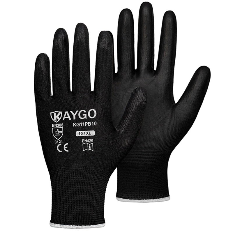 KAYGO Safety Work Gloves PU Coated, 60 Pairs KG11PB Seamless Knit Glove for Men and Women, with Smooth Grip on Palm and Fingers, Ideal for General Duty Work (X-Large, Black) - Image 1